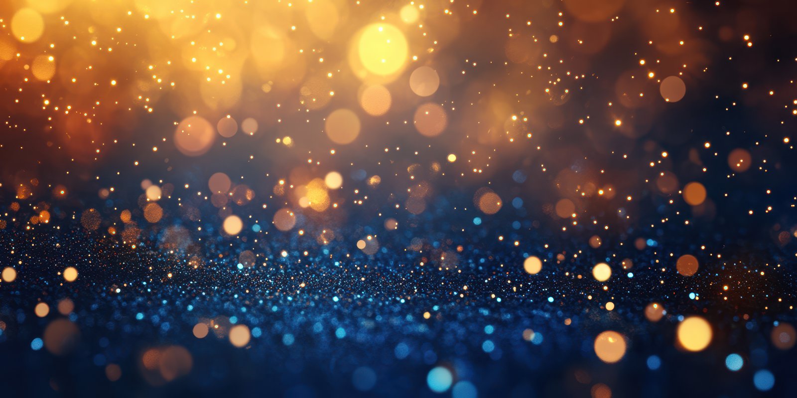 Glistening golden and blue bokeh lights sparkling against a dark background during a festive celebration